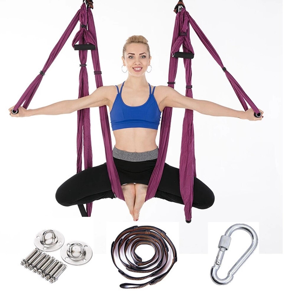 Komplet sæt 2.5*1.5m aerial yoga hængekøje anti-tyngdekraft nylon flyvende gynge pilates home gym hængende bælte loftplader: Lilla