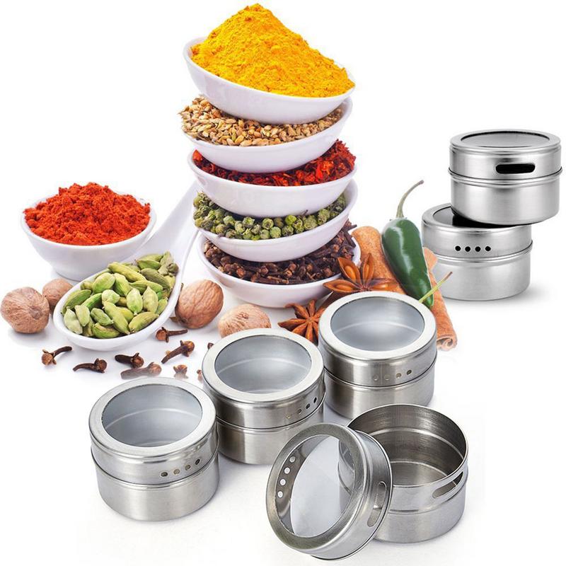 9 stk og 12 stk krydderbokser magnetisk støvtett synlig krydderboks i rustfritt stål utendørs grill cruet kjøkkenoppbevaringsboks