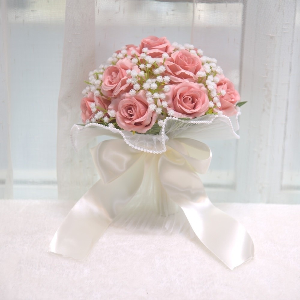 Baby's Atem Romantische Hochzeitssträuße Künstliche Seidenblumen Schleifenband Brautstrauß Koreanischer Stil Perlen Spitze Weiße Rosen Strauß: Lila