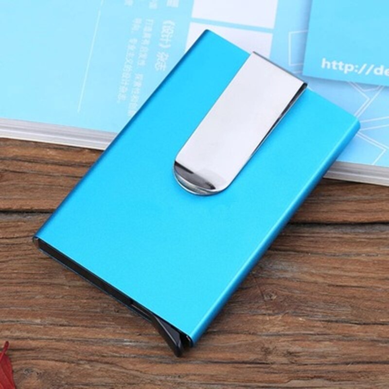 Mannen Metalen Kaarthouder Vrouwen Effen Kleur Lederen Aluminium Bank Credit Card Houder Visitekaartje Case Automatische Pop Up Minimalistische: blue