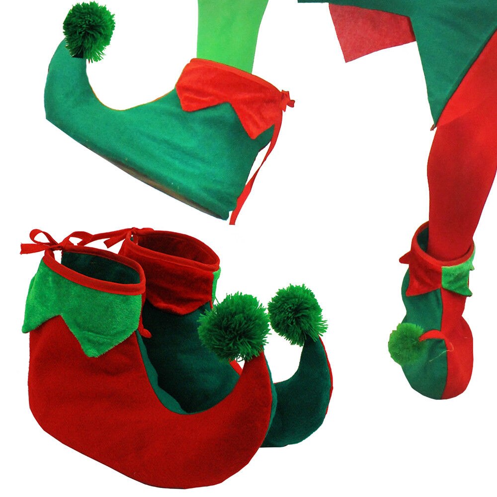 CHILD WEARABLE ELF BOOTS POM PIXIE ELF SHOES CHRISTMAS PARTY RED GREEN FANCYDRESS COSTUME ACCESSORY XMAS FAST