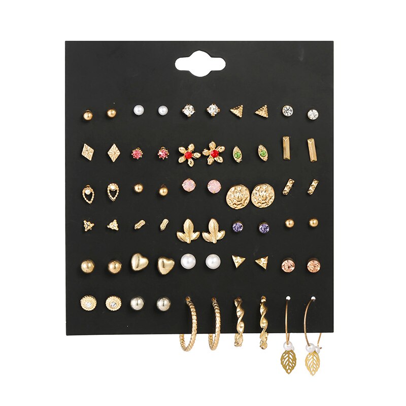 30 Paare/satz Perle Blume Ohrringe Für Frauen Nette Strass Herz sperren-Geschmack Kleine Zucht Ohrringe einstellen Gold Legierung Ohrring: E0592-1