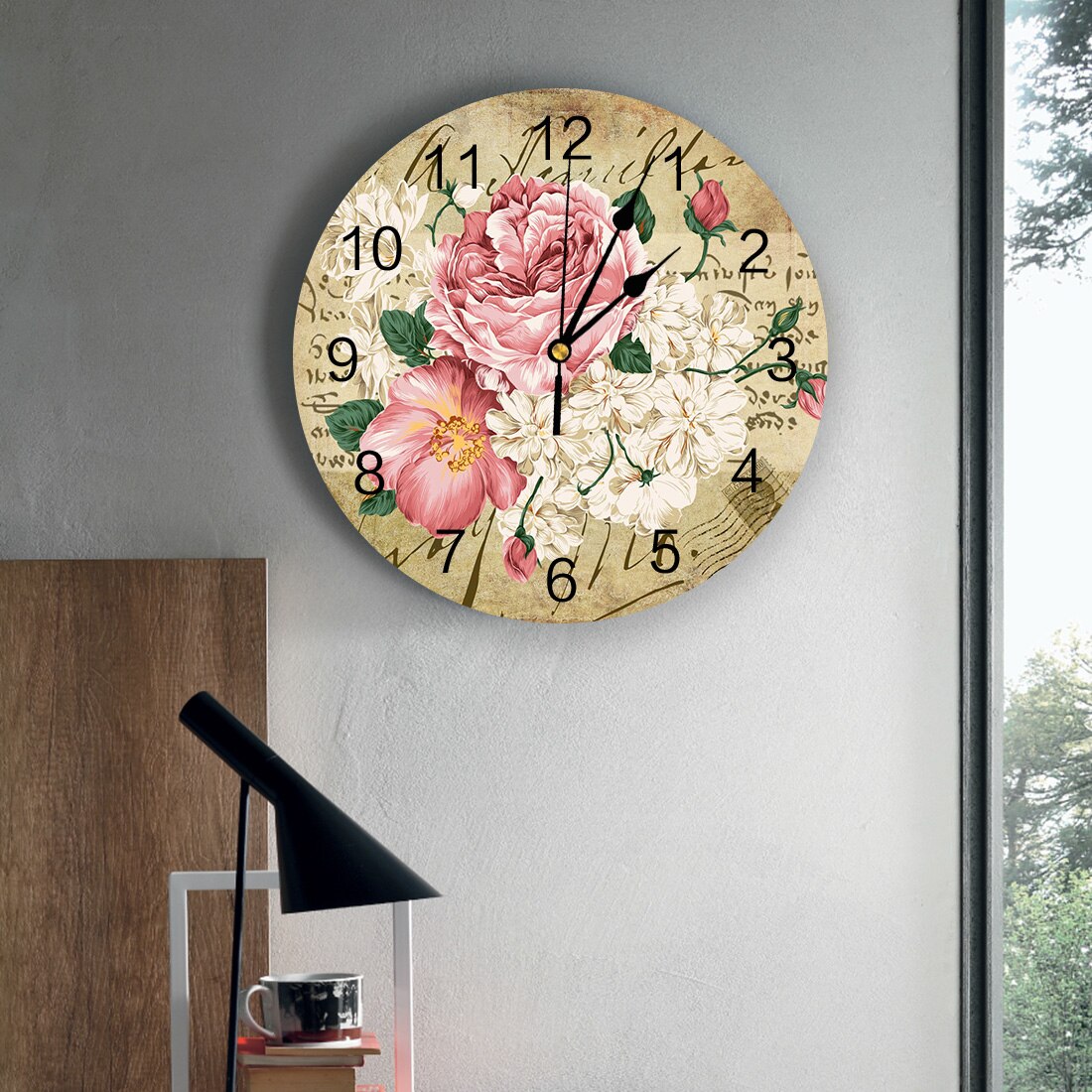 Bouquet Pink Retro Stamp White Wall Clock Living Room Decor Home Bedroom Decor PVC Wall Watch Circular Wall Digital Clock