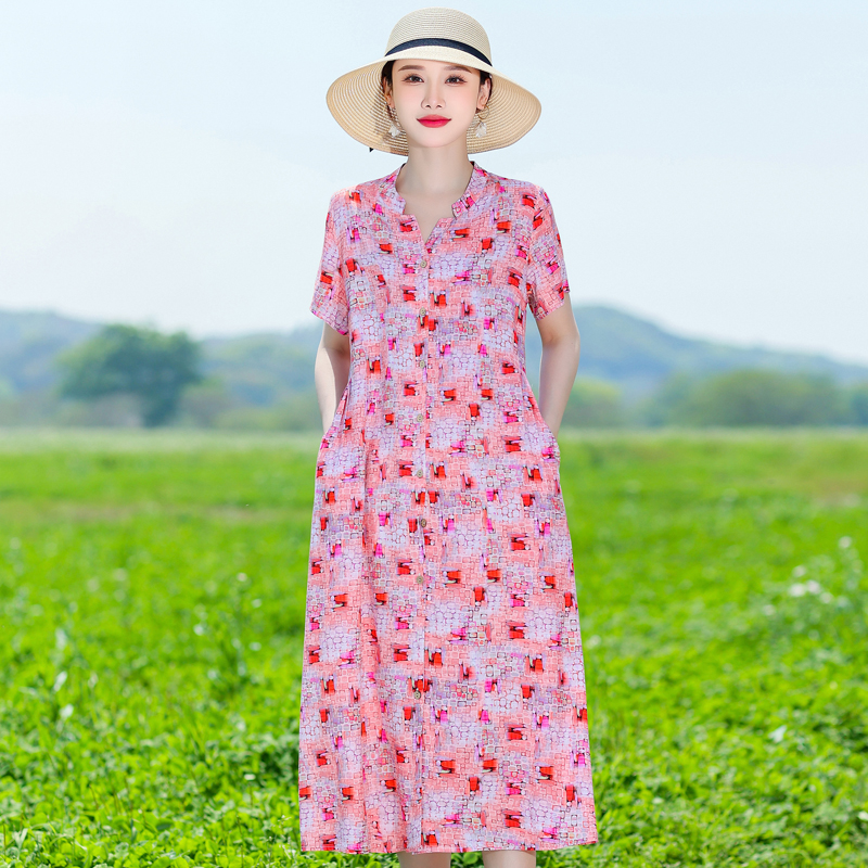 Sommarlånga klänningar för kvinnor kortärmade lösa vintagetryck koreanska klänningar sommarkläder för kvinnor: Xl / Beige