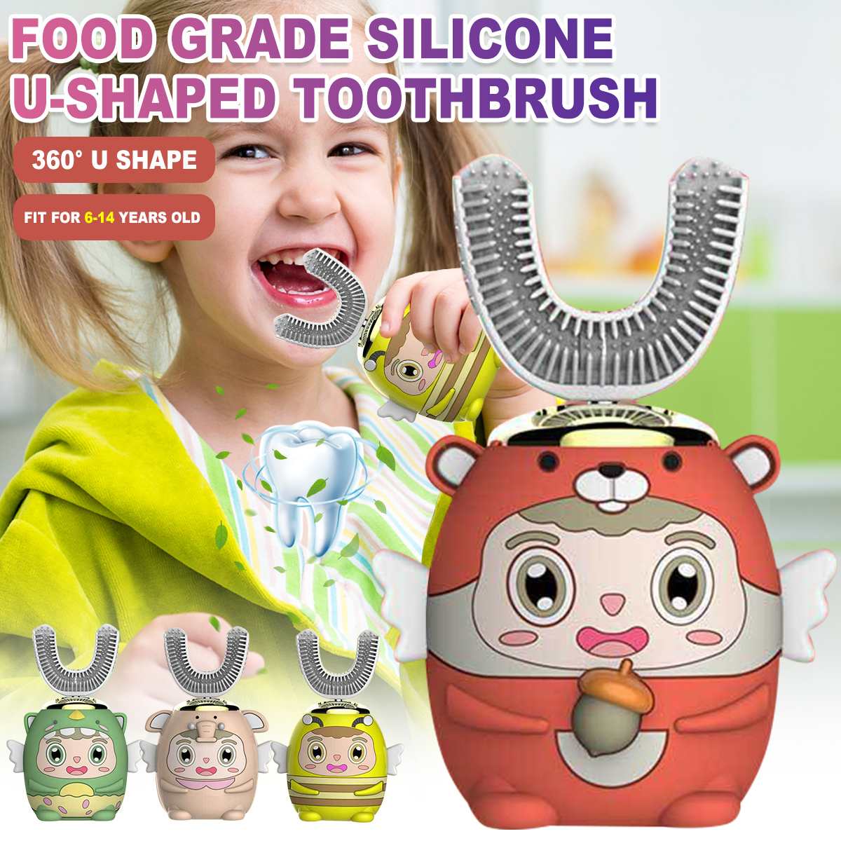 Children 5 Modes Automatic U Type Electric Toothbrush Intelligent Ultrasonic Toothbrush for 2-14 Years Old