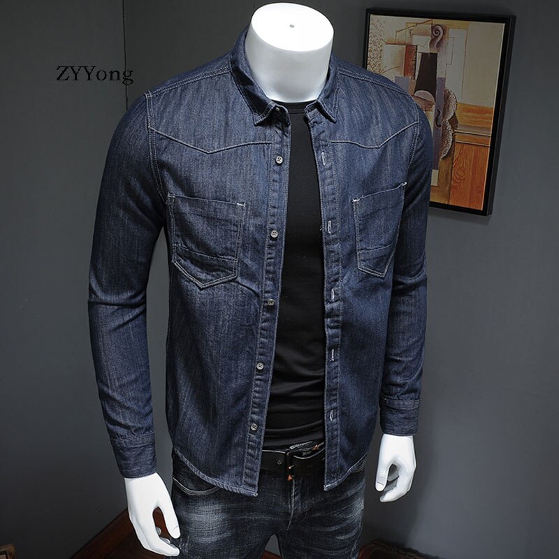 Japansk stil bomuld bombefly pilot langærmet blå tynd denim skjorte herre jean frakke streetwear afslappet cowboy tøj