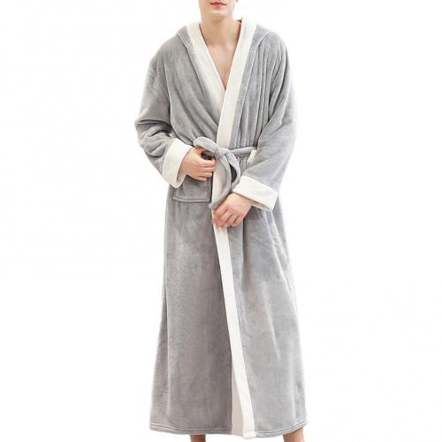 Men's Sleep Autumn Winter Flannel Long Sleeve Maxi Bathrobe Pockets Hooded Sleepwear men Clothing халат мужской: Light Grey / XL