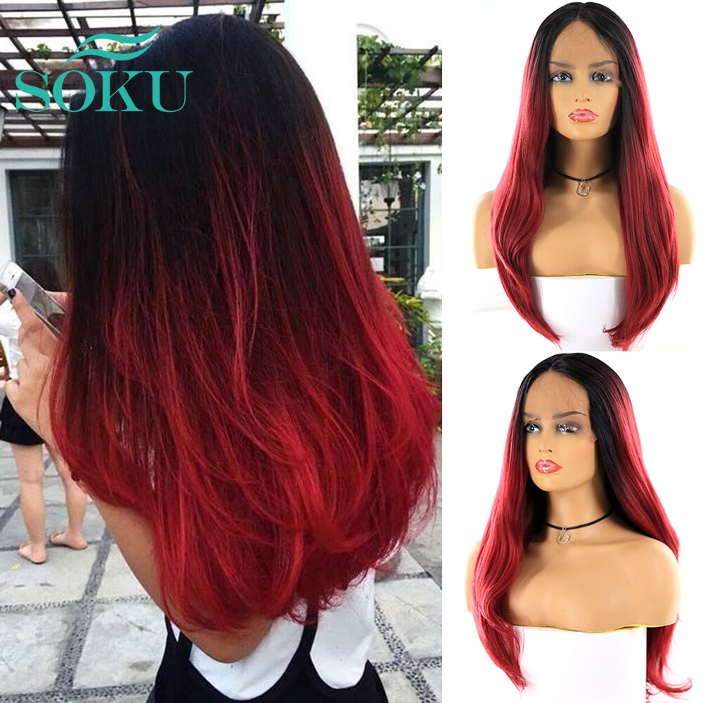 Ombre Red Synthetic Lace Front Wigs SOKU Long Straight Wig Middle Part Glueless Heat Resistant Fiber Wig For Women Cosplay #613