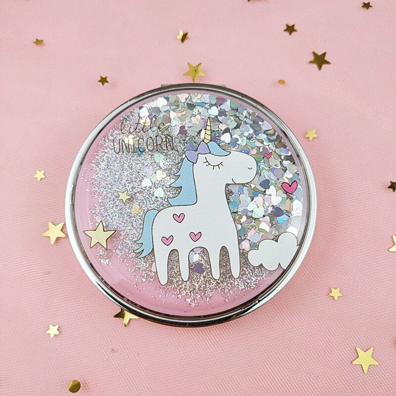 Mini Unicorn Makeup Mirror Compact Pocket Mirror Portable Double-Sided Folding Cosmetic Mirror With flowing sparkling sand