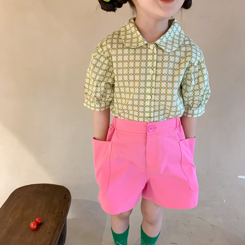 Pantalones cortos holgados de algodón para niñas, shorts informales con bolsillos grandes laterales, estilo coreano: rose red / 2T