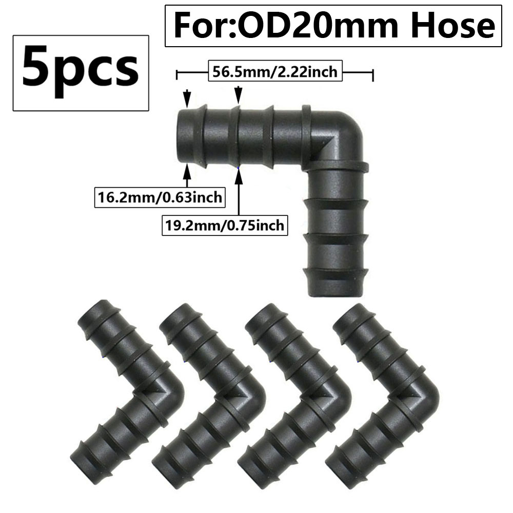 Connecteur de barbe de tuyau PE, raccord d'irrigation de ferme de jardin, prise coudée en T, séparateur d'eau de tuyau, 16mm, 20mm, 25mm, 5 pièces: Black
