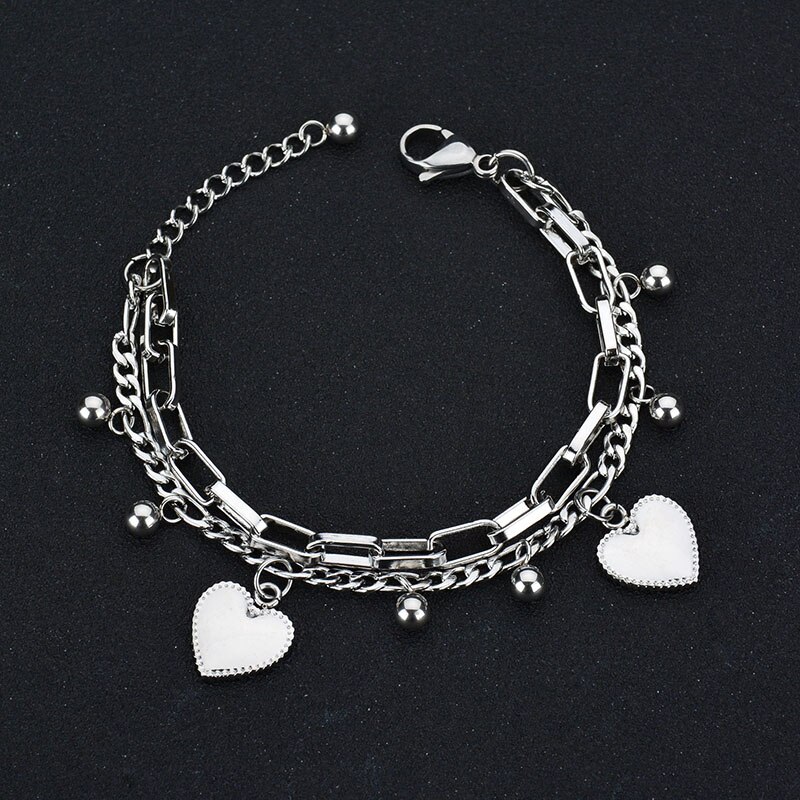 Uzone Rvs Dubbele Laag Kralen Hart Armbanden & Bangles Charm Link Armbanden Voor Vrouwen Liefde Gouden Ketting Sieraden: steel