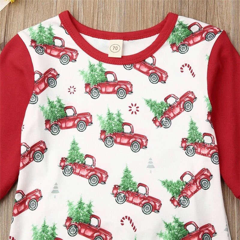 Newborn Baby Boys Girls Christmas Romper Long Sleeve Cartoon Christmas Tree And Car Print Jumpsuit Clothes Outfits Pants