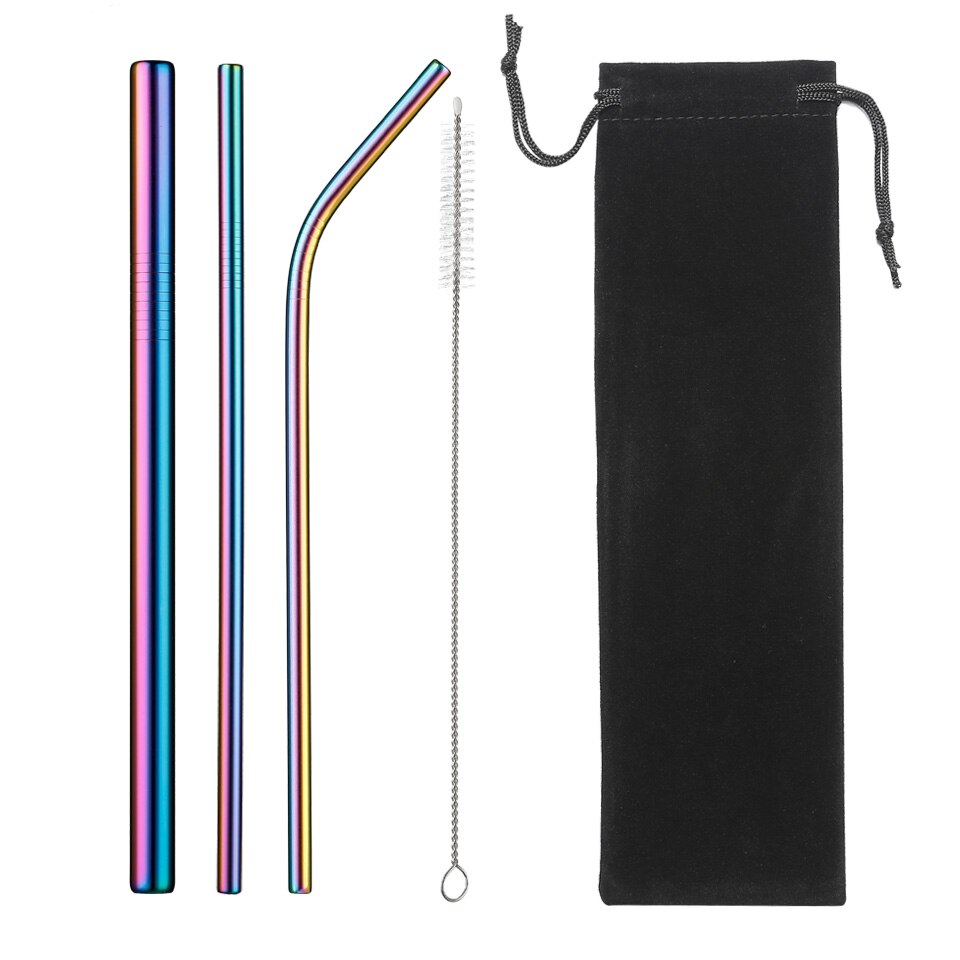 Metal Reusable Straw Eco-Friendly 304 Stainless Steel Straw Smoothies Drinking Straws Set with Brush &amp; Bag: T