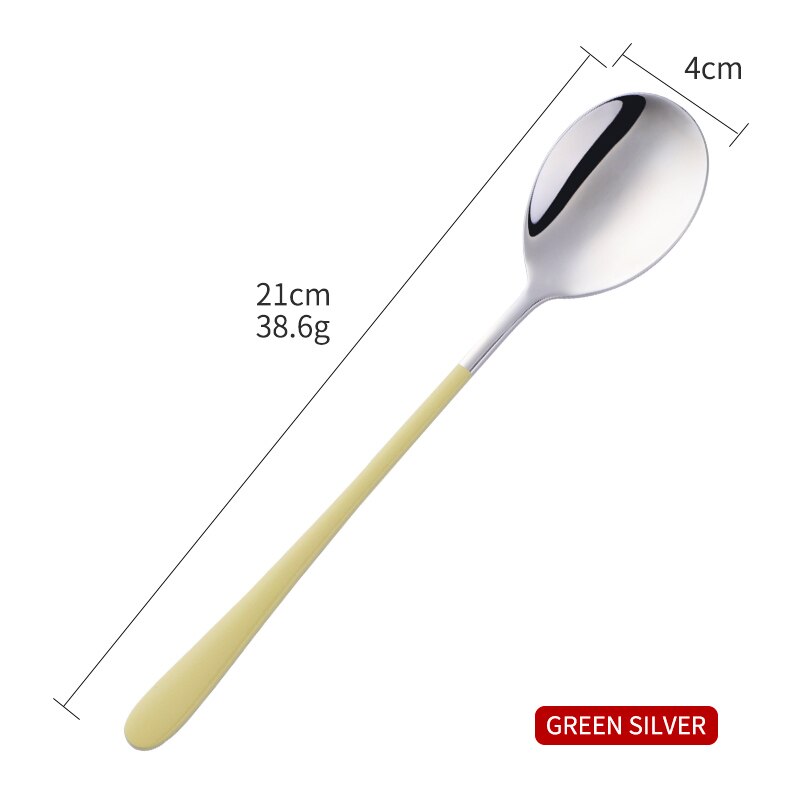 1PCS Korea Spoon Stainless Steel Soup Spoon Long Handle Gold Dessert Spoons Round Dinner Spoon Set Tableware Set: Light Green Silver