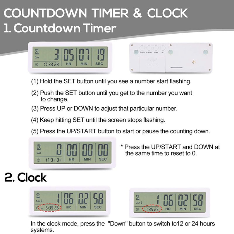 Big Digital Countdown Days Timer Clock - 999 Days Count Down Clock Timer for Graduation Lab Kitchen