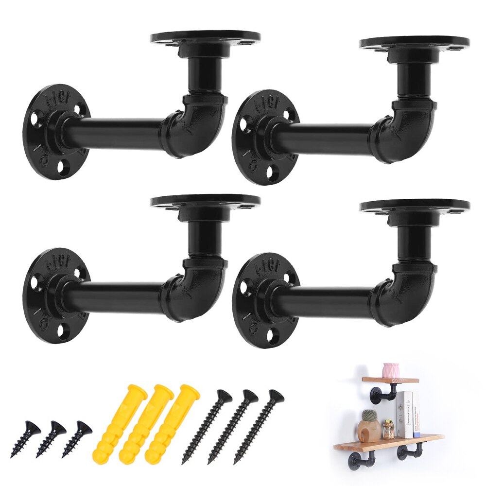 90 Graden Bocht Dubbele Flenzen Industriële Ijzeren Pijp Plank Beugels Rustieke Pijp Beugel Black Metal Wandmontage Vintage Meubels