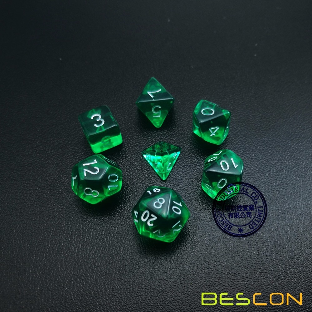 Bescon mini gennemskinnelig polyhedral rpg terningssæt 10mm,  lille rpg rollespil terning sæt  d4-d20 in rør, gennemsigtig grøn