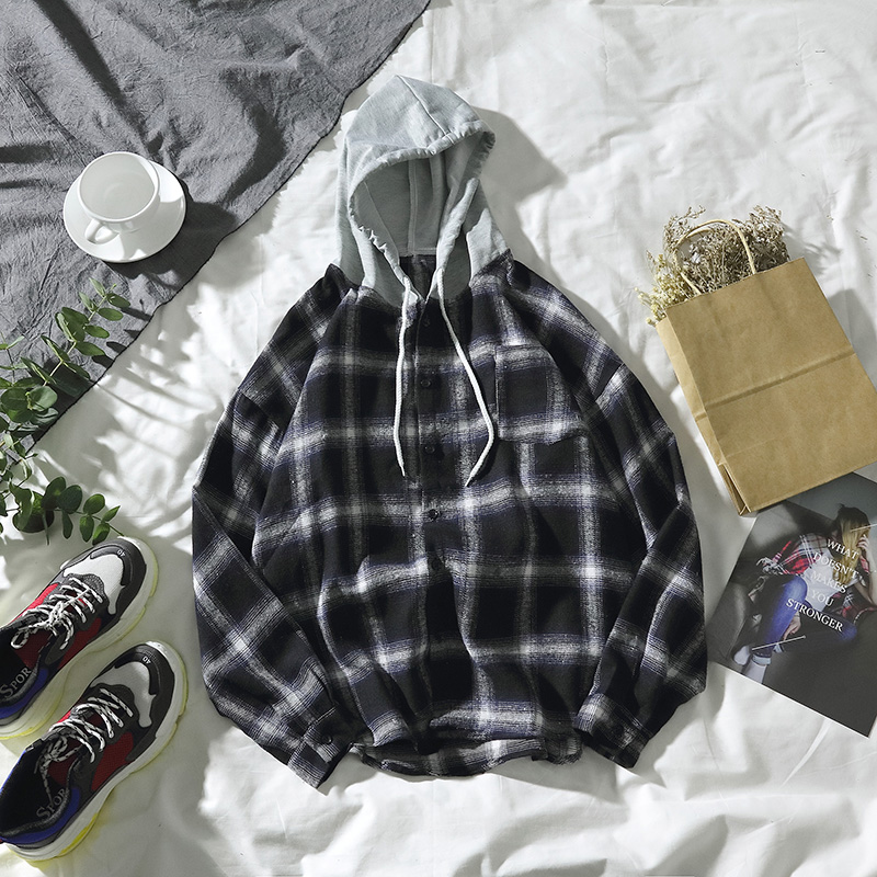 Skjorte herre tøj retro plus size herre skjorter lange ærmer plaid koreansk stil harajuku enkeltradet: Sort / L