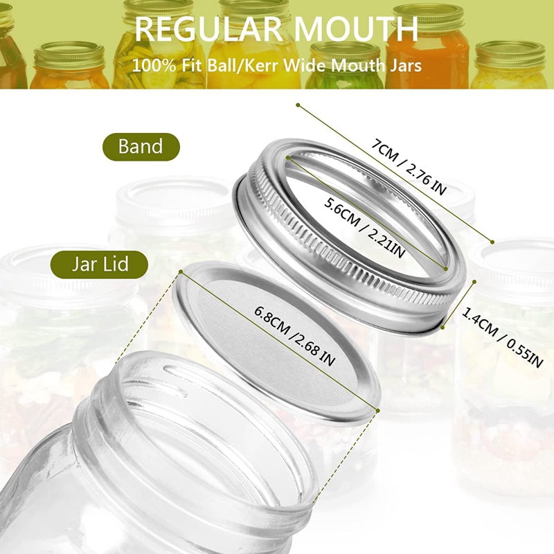 Ensemble de vases et d'anneaux Mason Jar, pour la mise en conserve à bouche régulière, type fendu et anti-fuite, bocaux à bille Kerr, 70mm, 20 pièces