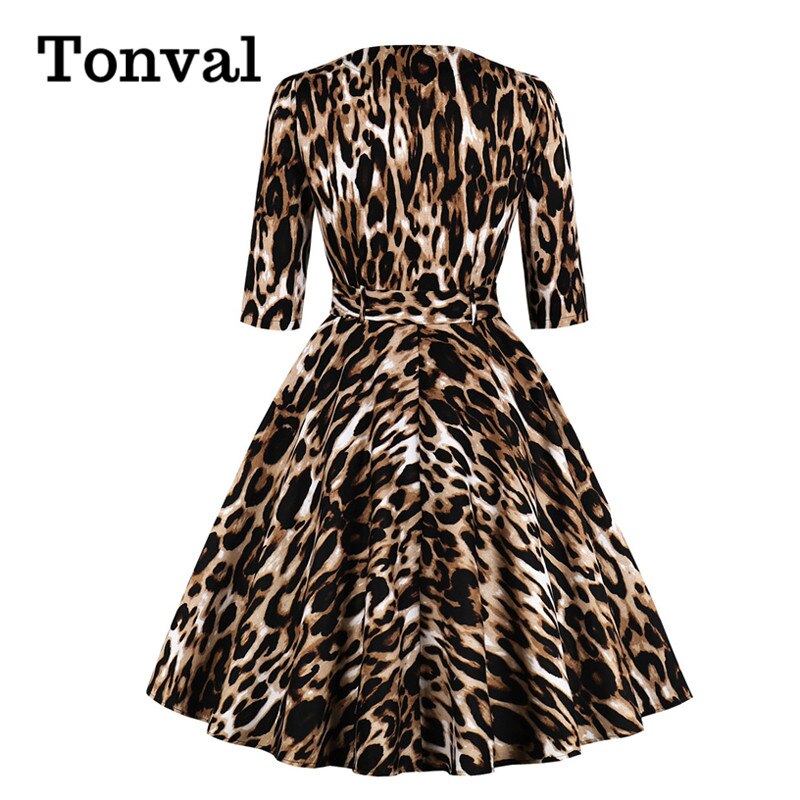 Tonval lynlås foran leopardprint rockabilly kvinder vintage kjole 3/4- lange ærmer efterår bomuldskjoler med bælte