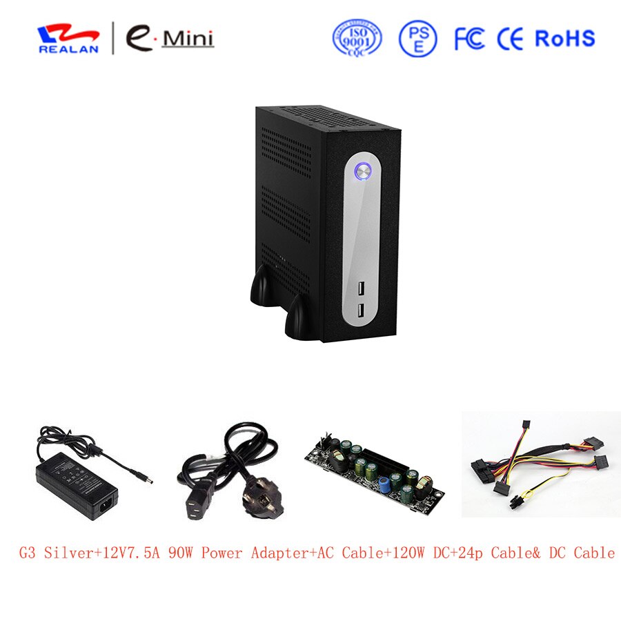 Realan G3 Mini Itx Thin Client Met Voeding, 2 X Wifi, 6 X Com, 2 X Usb 2.0, Sgcc 0.5 Mm Mini Itx Case: Silver 90W Adapter