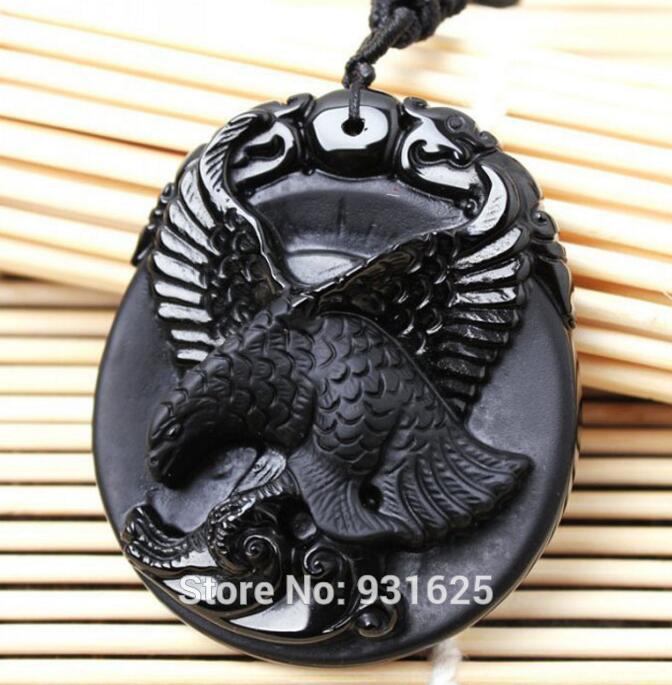 100% natürliche Schwarz Obsidian Geschnitzte Flying Eagle Glück Totem Anhänger + Kostenloser Perlen Halskette Schmuck für frau mann