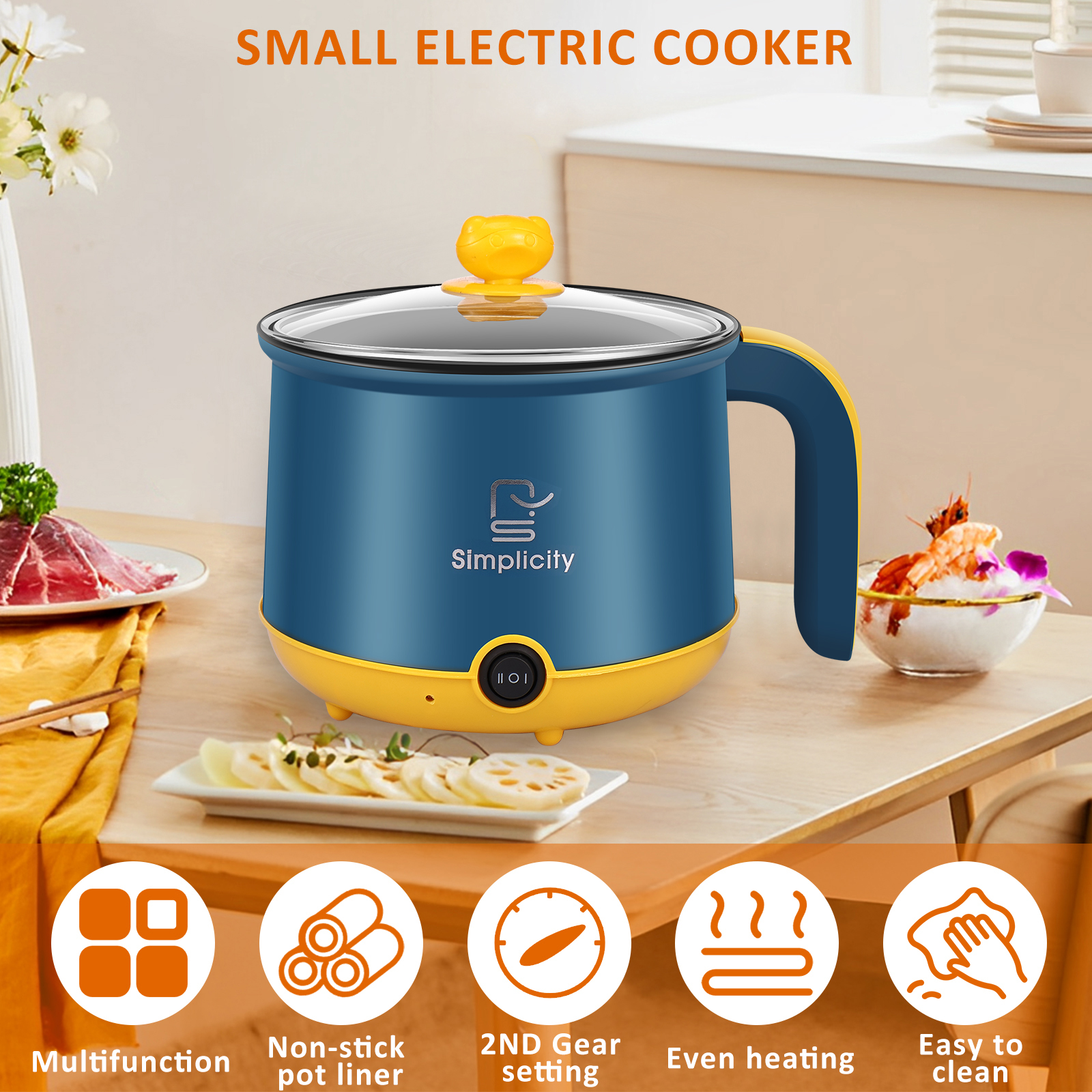 1.8L Electric Pot Electric Cooking Pot Non-Stick Cooker 2 Gear Mini Pot Cooker Dry Protection Heating Boil Ramen Cooker