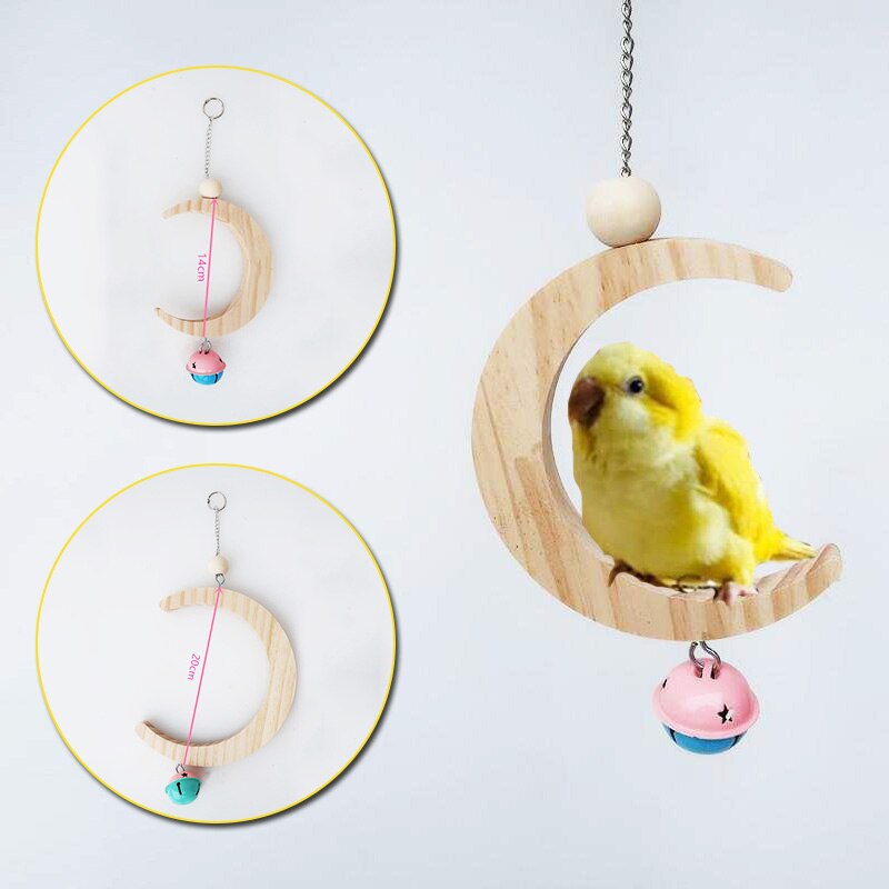 Vogel Schommel Maan Vormige Natuurlijke Houten Grappige Kralen Vogels Swing Stand Papegaai Swing Baars Met Bell Huisdier Opknoping Speelgoed Benodigdheden