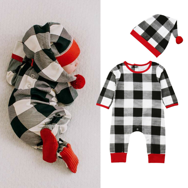 CANIS Neugeborenen Baby Mädchen Jungen Kleidung Lange Ärmel Plaid Casual Strampler Overall Outfits Hut