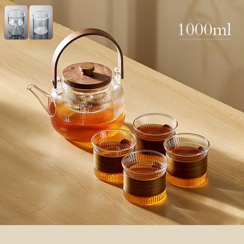 GIANXI Chinese Tea Set Wooden Handle Wooden Cover Glass Teapot Stainless Steel Filter Steaming Tea Set Transparent Teapot Tray: Light Grey