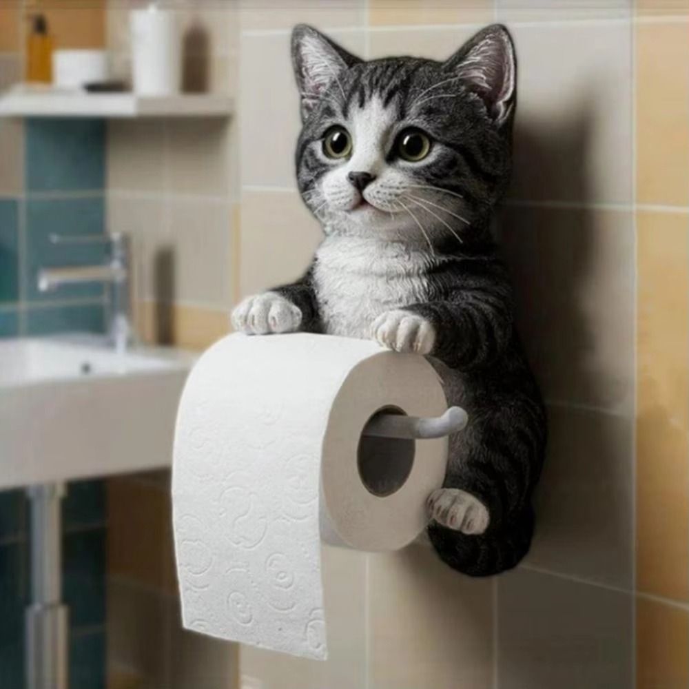 Soporte de papel higiénico 3D con forma de gato, instalación sencilla, portarrollos realista montado en la pared, multifuncional, ahorro de espacio