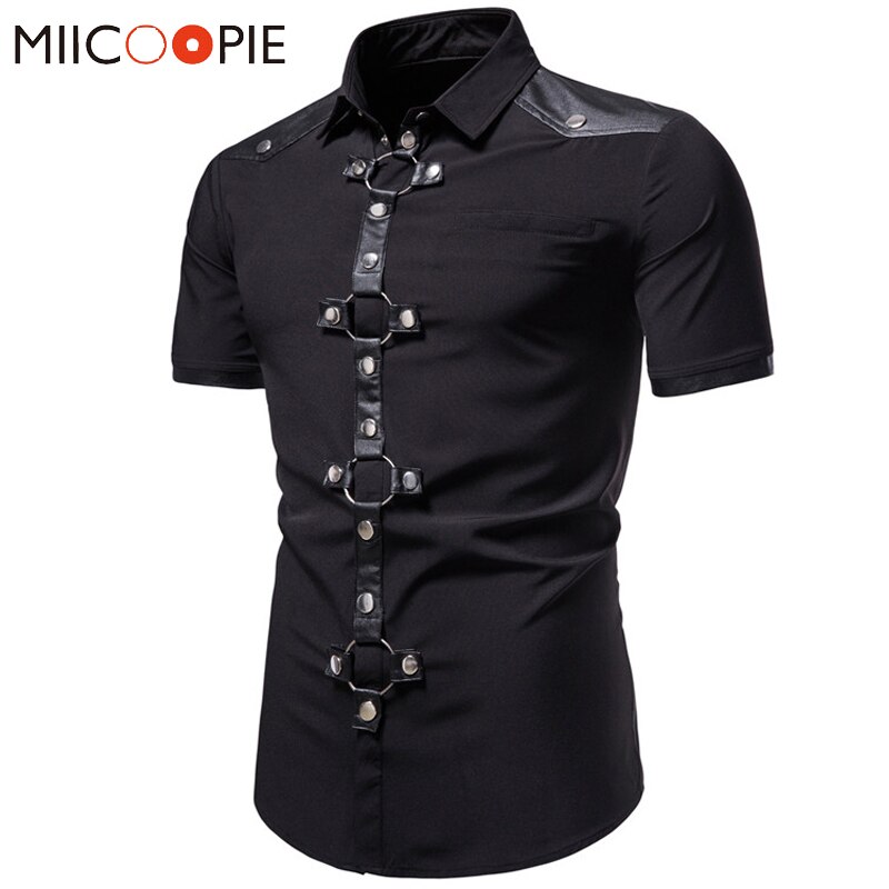 Mens Dress Shirts Short Sleeve Summer Goth Style Rivet Solid Color Social Shirt Homme Men Steampunk Slim Fit Chemise Streetwear