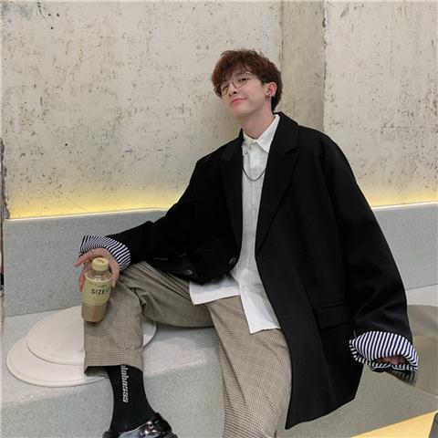 Chaquetas de los hombres de estilo británico lisas casuales Oversize Simple-Encuentro de traje-tops de masculina coreano Chic Vintage ropa de calle Harajuku: Black / XXL