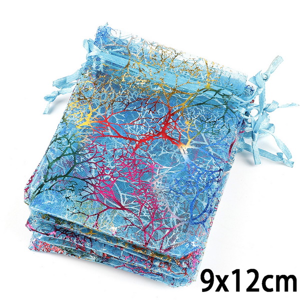 Hurtownie 10 sztuk 50 sztuk wykwintne koral projekt sznurkiem torby z organzy biały niebieski torby do pakowania torby na prezenty ślubne biżuteria woreczki: Blue  9x12cm / 10pcs