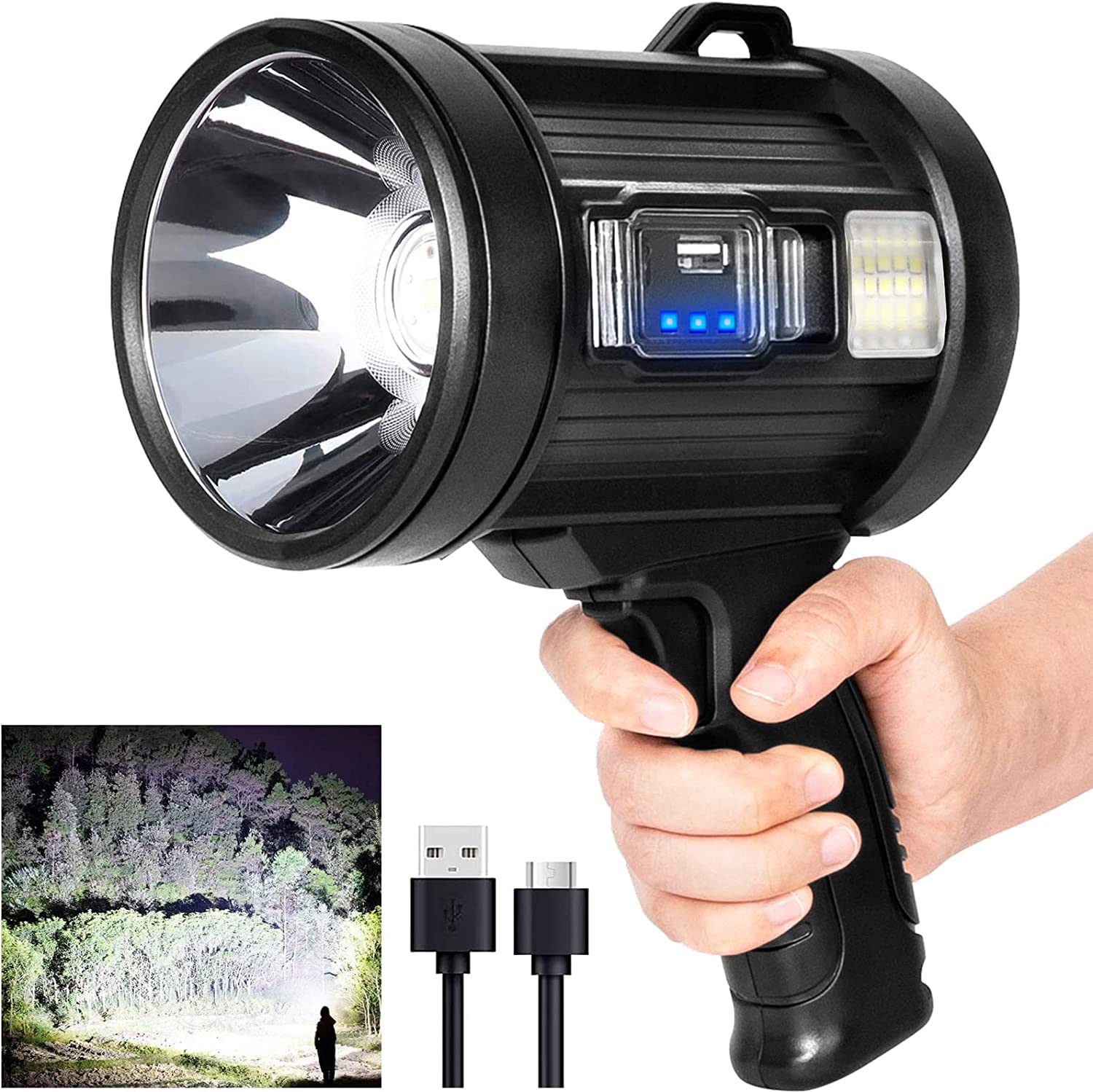 Projecteur Rechargeable, lampe de poche de chasse portative 1000,000 Lumens, Spot Led avec lumière Cob et panneaux solaires pour le Camping