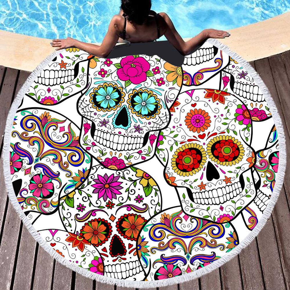 Couleurs crâne rond serviette de plage serviette de bain florale noir tapis de Yoga fleur gothique couverture pique-nique couverture