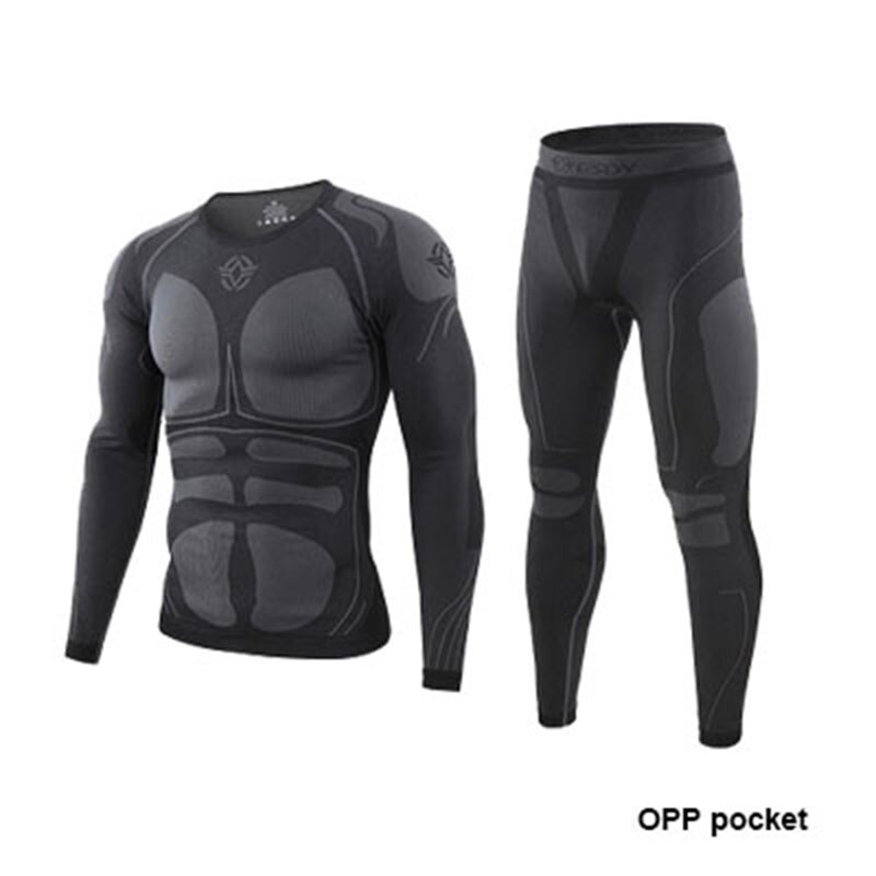 Winter Men's Sport Thermal Underwear Suit Fleece Warm Breathable Outdoor Underwear Set Men Elastic Quick Drying Long Johns AJ200: BLACK / XL