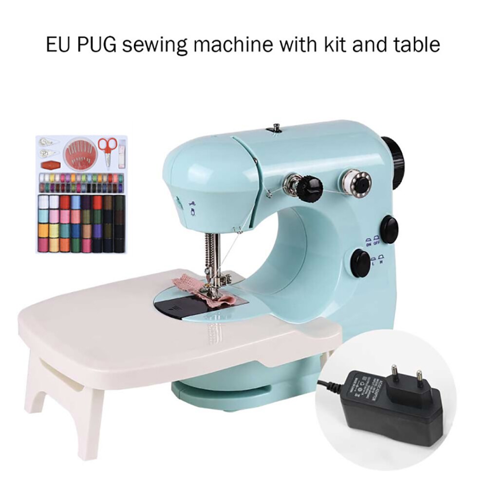 Machine à coudre Mini manuelle, Portable, Assistant domestique, électrique, double vitesse, réglage avec veilleuse, couture d'aiguilles: EU Blue kit table