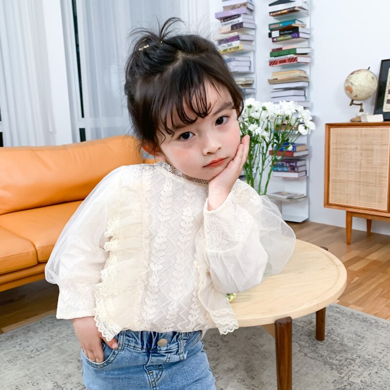 Koreansk stil blonder mesh patchwork langærmede dukkebluser til piger ryg snørestoppe
