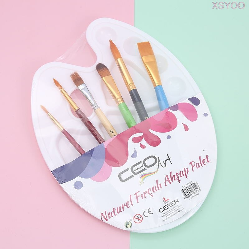1 pçs paleta de plástico adicionar 6 pincel de tinta caneta pintura de arte bandeja de desenho de plástico paleta de cores para pintura a óleo aquarela pálete
