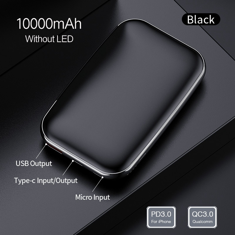 Rock 18W Type C Pd Qc 3.0 Power Bank 10000 Mah Mi Ni Externe Batterij Led Display Usb Quick snel Opladen Powerbank Voor Xiao Mi Mi: No LED Black