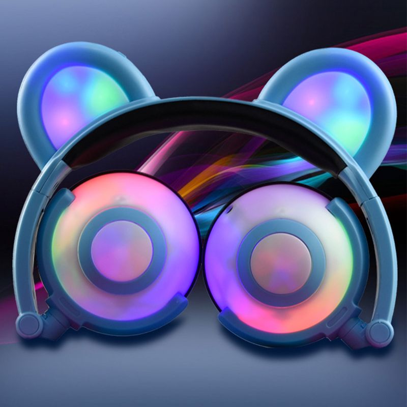 Cute Bear Ears Headset Adjustable Head-mounted LED Light Headphones Foldable Rechargeable Music Boys Girls Earphones