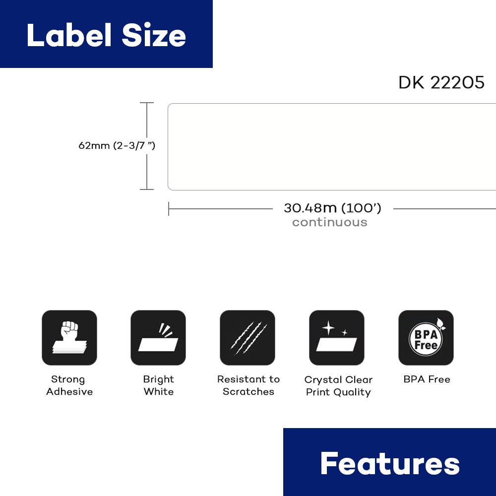 62 Mm * 30.48 M Wit DK22205 Compatibel Continue Thermisch Papier DK-22205 Dk 22205 Compatibel Voor Brother Ql Label Printer QL-500