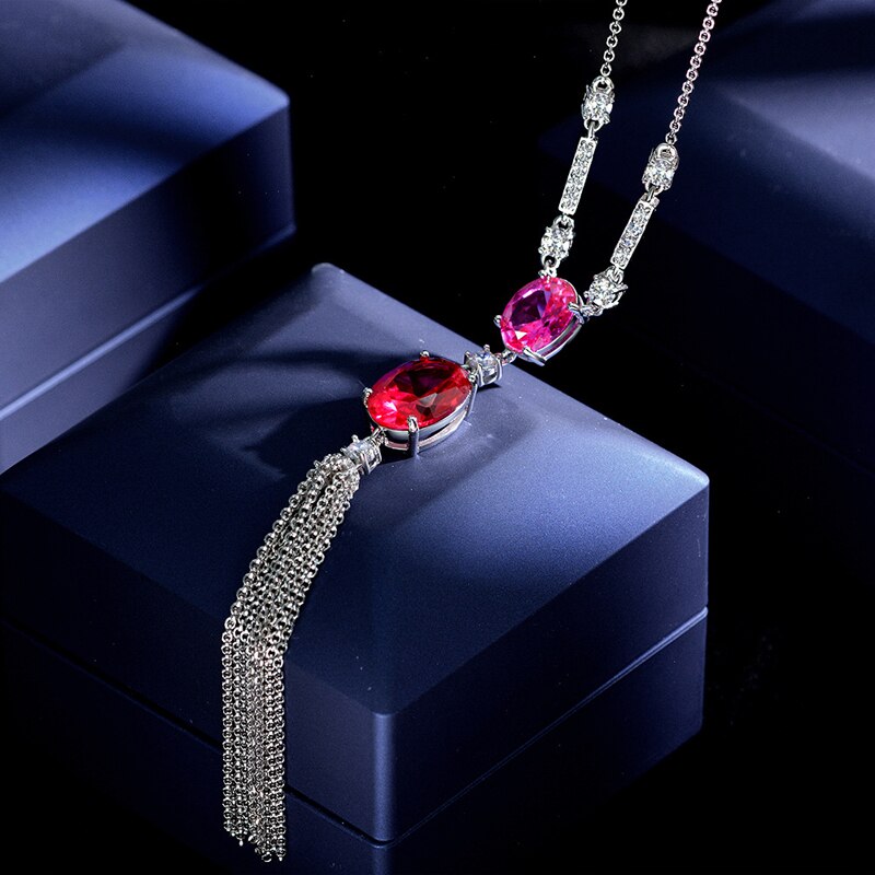 OEVAS 100% 925 Sterling Silver 10*14mm Oval Ruby High Carbon Diamond Pendant Necklace For Women Sparkling Wedding Fine Jewelry