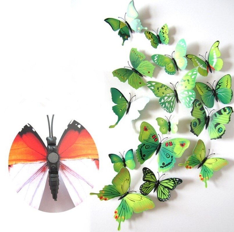12 Stks/set Kleurrijke 3D Vlinders Muursticker Mooie Vlinder Sticker Met Magneet Voor Kid Kamer Muurstickers Home Decoratie: 02-Green
