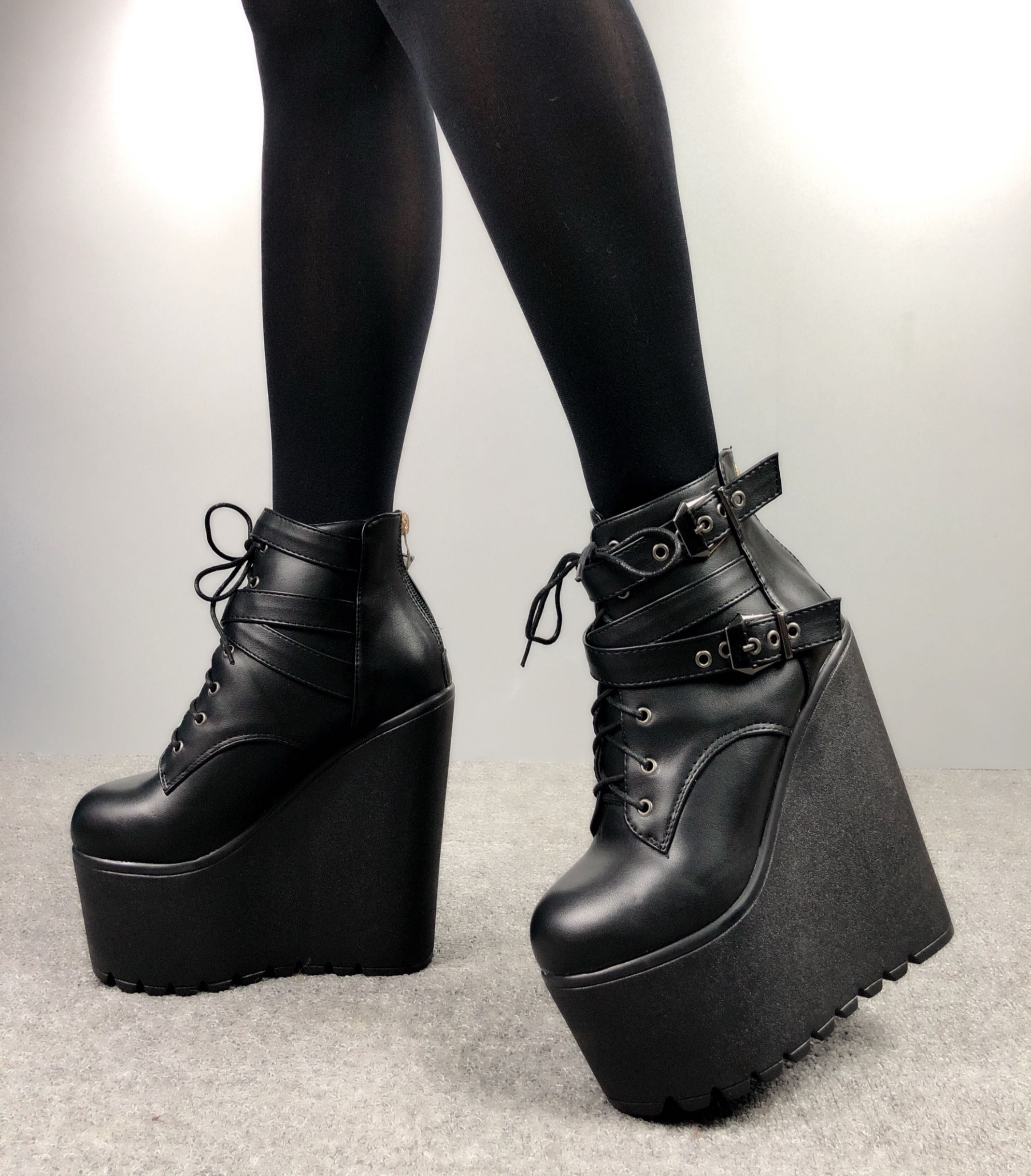 Wedges Ankle Boots White Black Rubber Sole Shoes Platform Boots Women Lacing Autumn Platform Heels Shoes Heel 16 cm