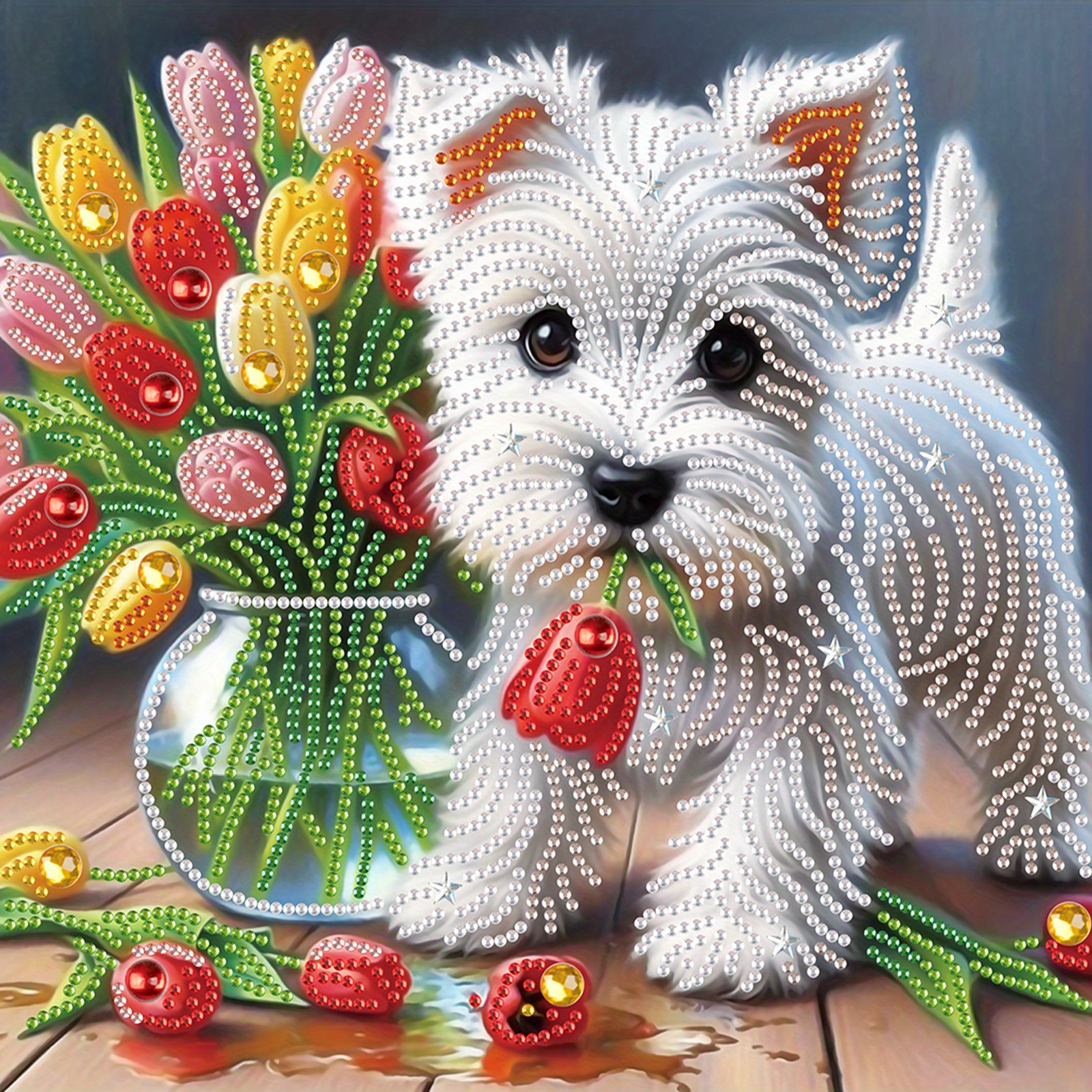 Diy hund og blomster 5d diamantkunstsett med spesielle former for nybegynnere, diamantkunstmalingssett for veggdekorasjon hjemme: Default Title