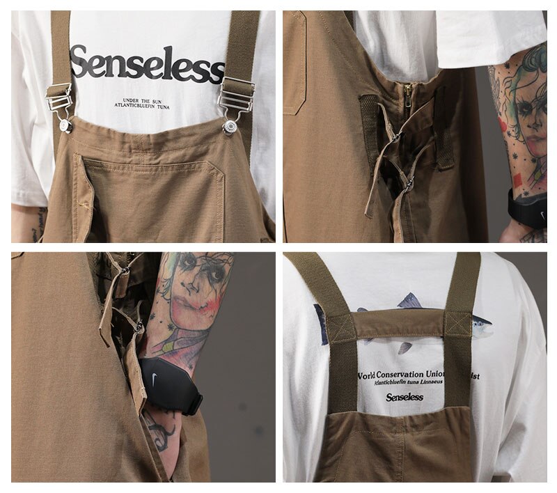 Cotton Overalls Men Bib Loose Multi-Pocket Straight Jumpsuits Pants Street Casual Hip Hop Khaki Brown Trousers