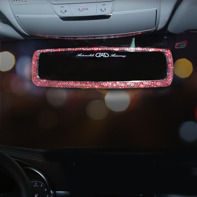 Rhinestone bil interiør bakspejl indretning charme crystal bling diamant ornament bakspejl dækning kvinder auto tilbehør: Rød